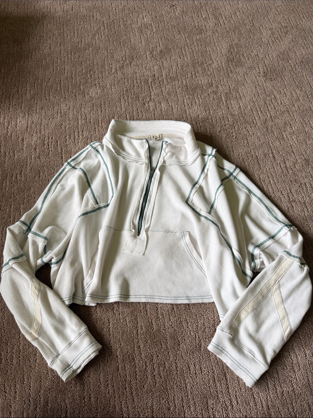 POL Cropped White Half-Zip Pullover with Green Contrast Stitching